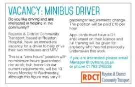 Recruitment – Royston District Community Transport RDCT – Minibus Driver